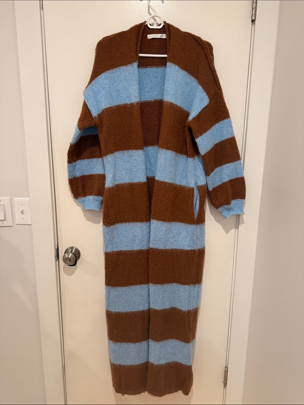 Altar'd State Brown and Light Blue Wide-Striped Maxi Cardigan